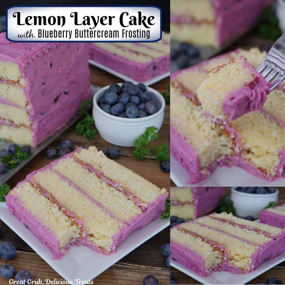 A three panel collage of lemon layer cake with blueberry buttercream frosting with a title overlay at the top.