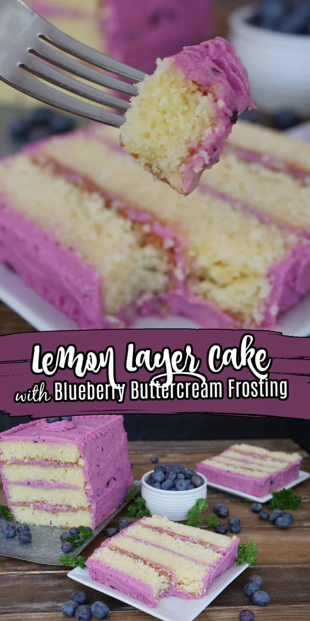 A two panel collage of lemon layer cake with blueberry buttercream frosting, and a title overlay in the center.