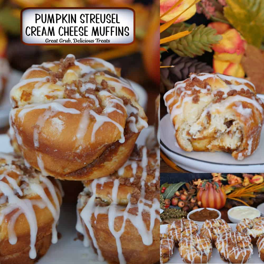 A three panel collage of pumpkin streusel cream cheese muffins with a title overlay at the top.