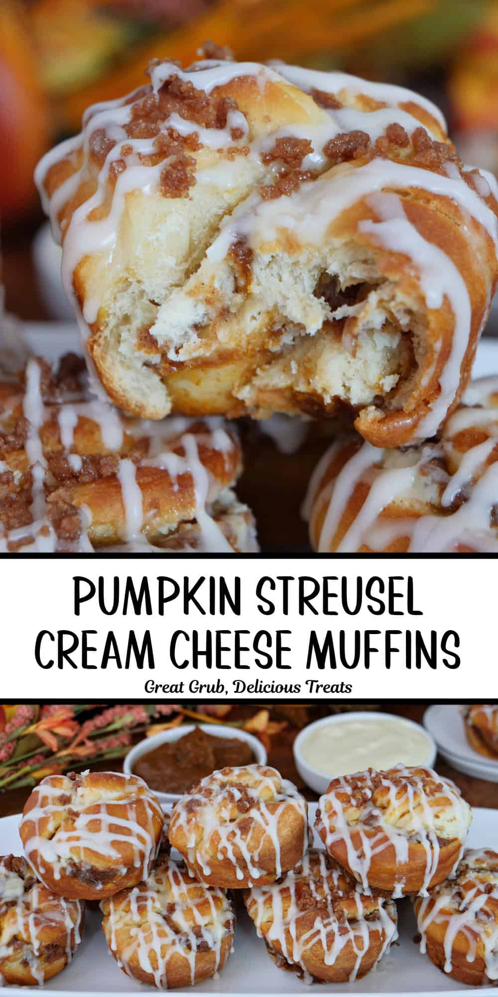 A two panel collage of pumpkin streusel cream cheese muffins with a title overlay in the center.