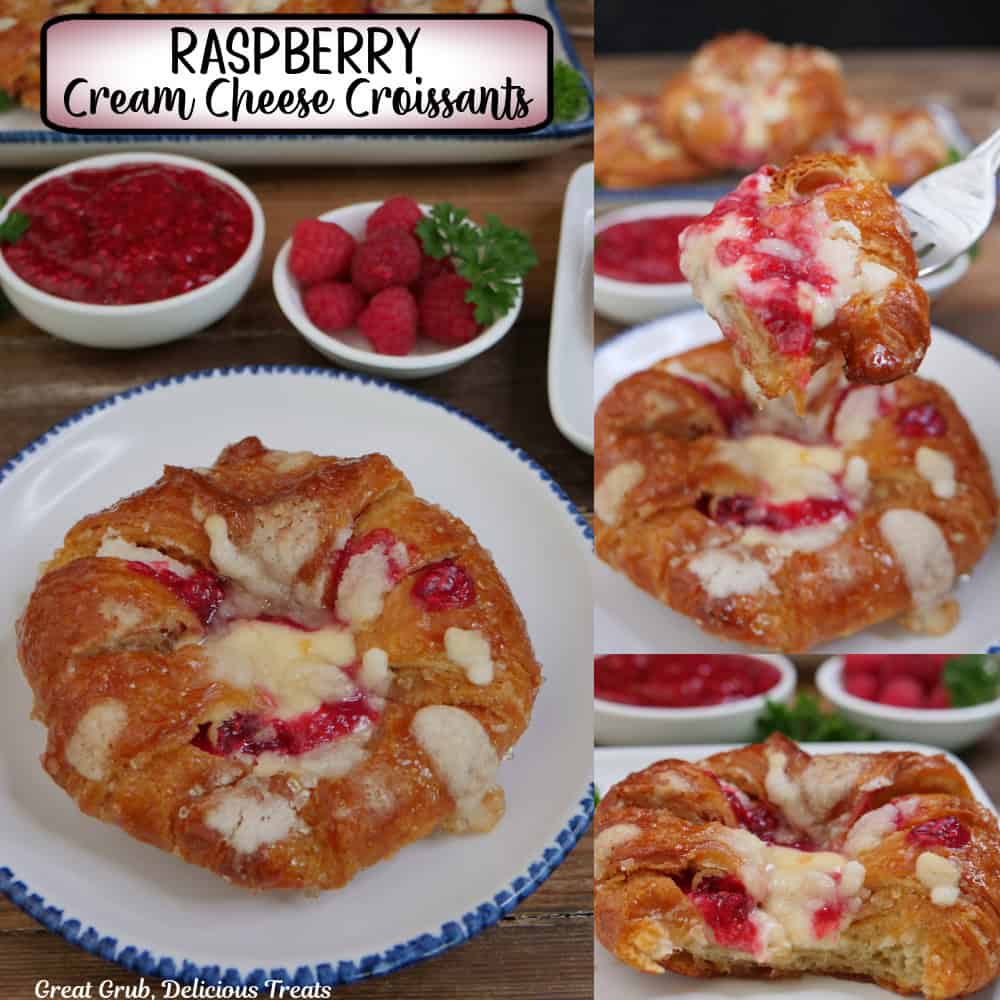 A three panel collage of raspberry cream cheese croissants with a title overlay at the top.