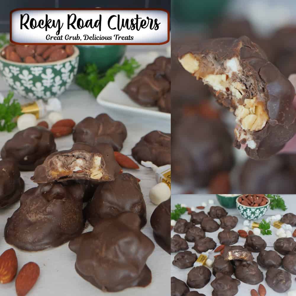 A three panel collage of homemade chocolate rocky road clusters, and a title overlay at the top.