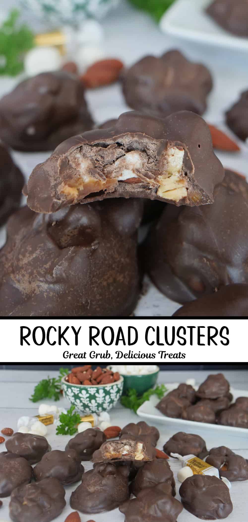 A two panel collage of rocky road clusters with a bite taken out of the cluster on top, and a title overlay in the middle between the two photos.