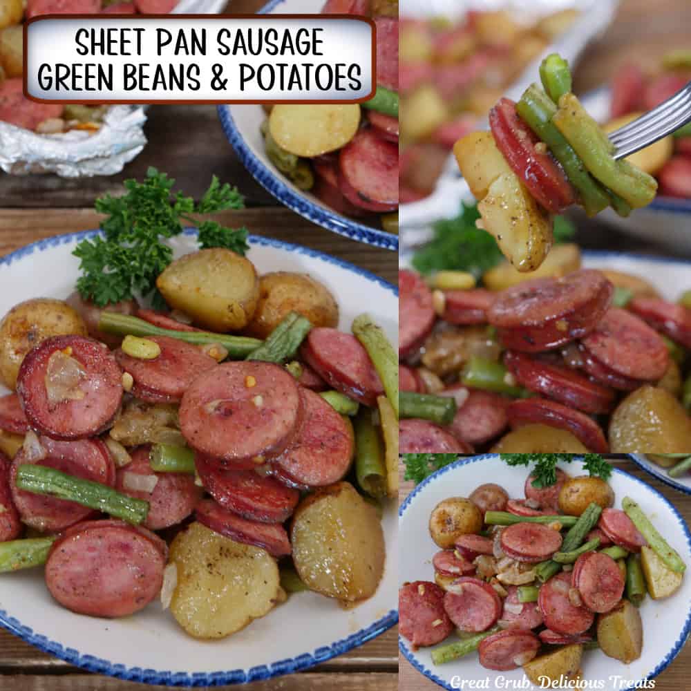 A three panel collage of sliced sausage, green beans, potatoes, and onions in a white bowl with blue trim and a title overlay at the top.