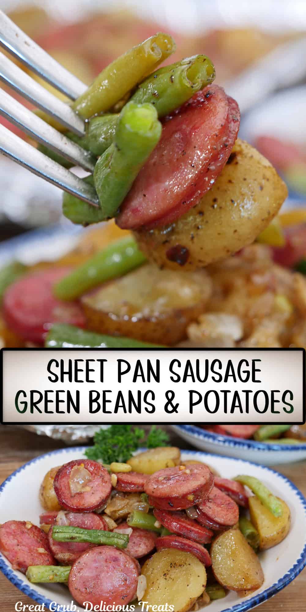 A two panel collage of sheet pan sausage green beans and potatoes with a title overlay in the center.