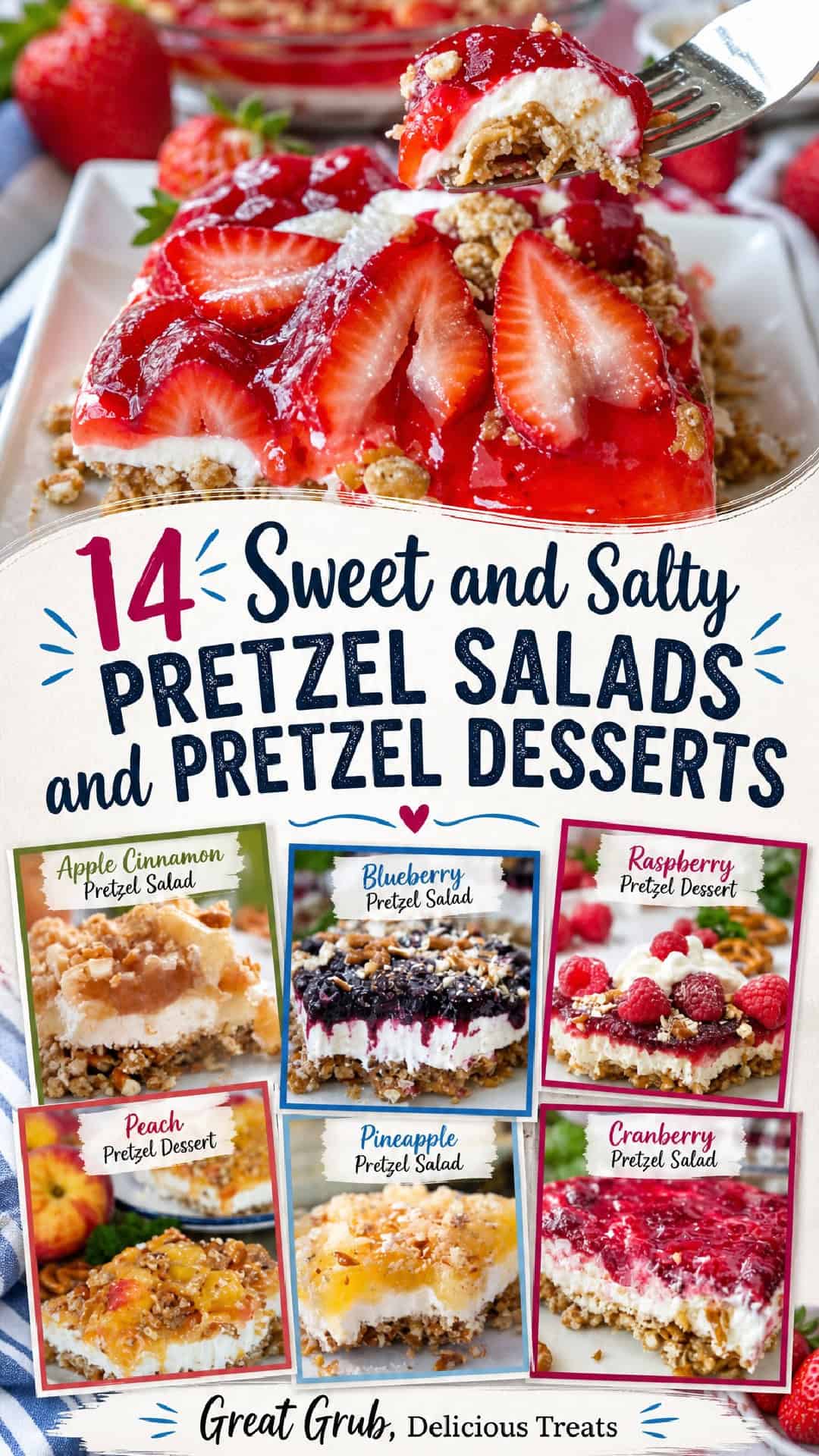 A seven image collage of pretzel salad and pretzel desserts, and a title overlay in the center.