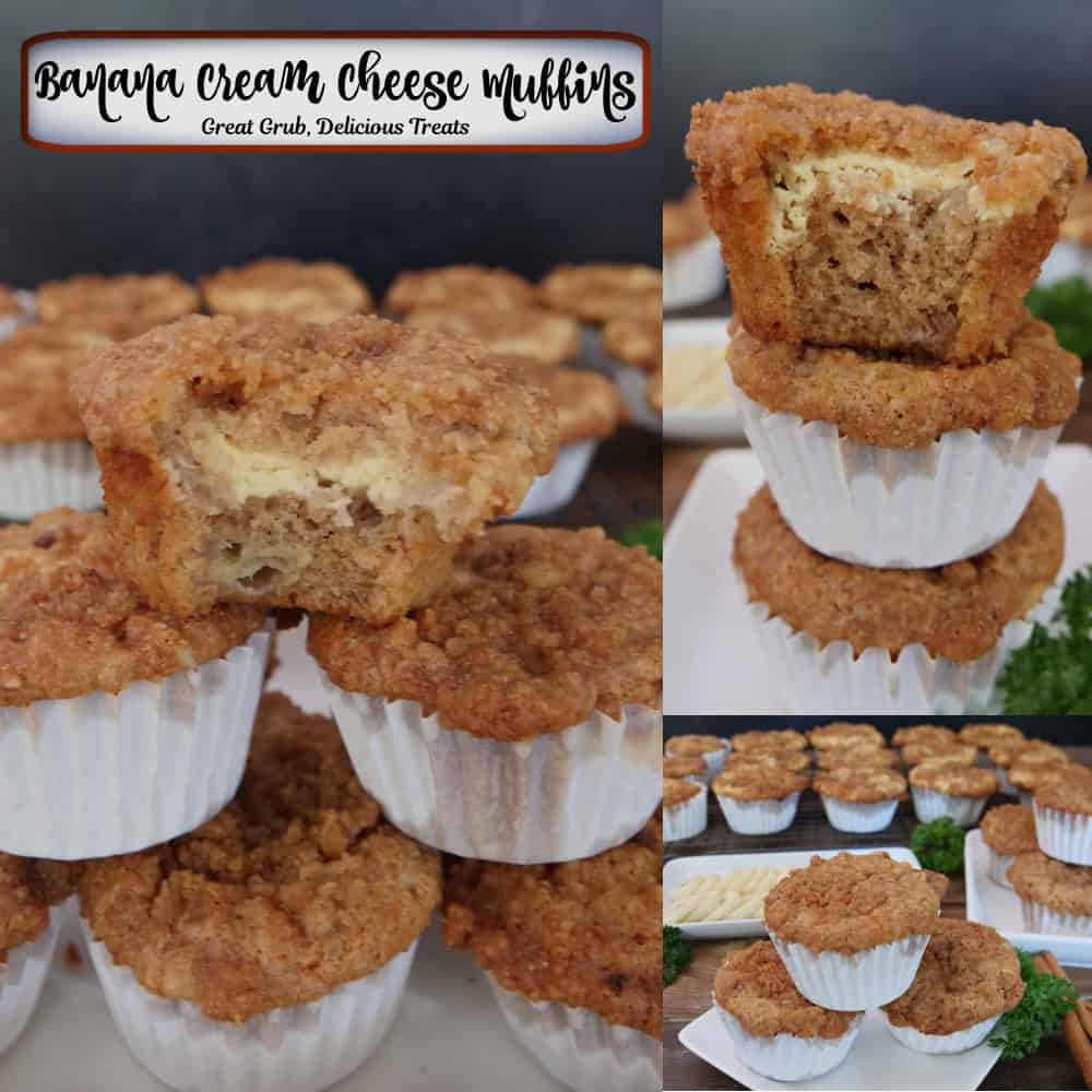 A three panel image collage of banana cream cheese muffins, and a title overlay at the top.