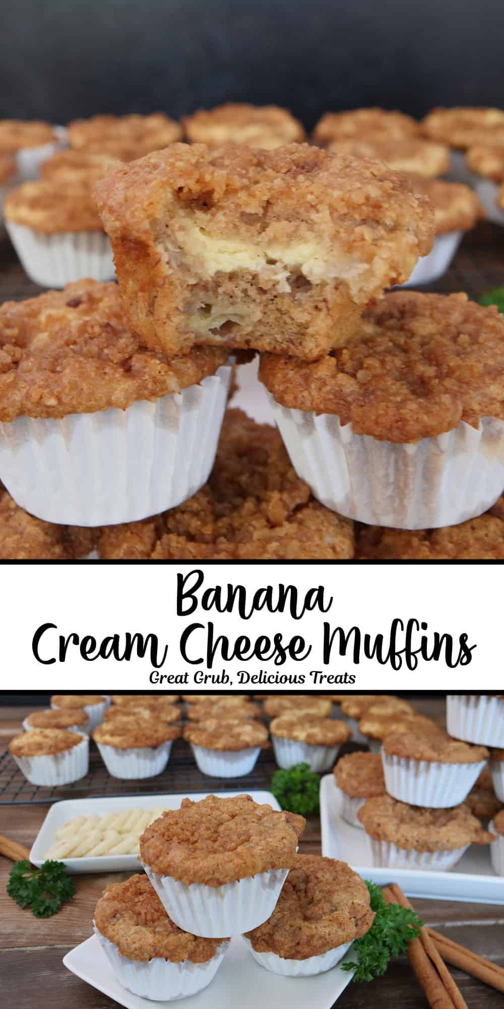 A two panel image collage of banana cream cheese muffins with a title overlay in the center of the two images.