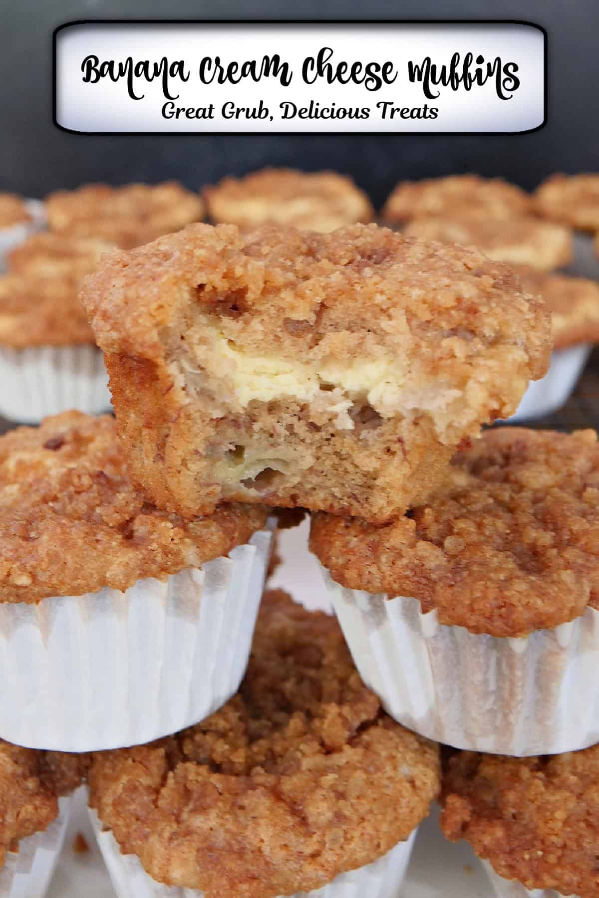 A stack of banana cream cheese muffins on top of each other with a bite taken out of the one on top, and a title overlay at the top.