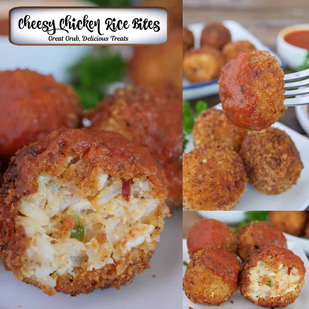 A three panel image collage of cheesy chicken rice bites with a title overlay at the top.