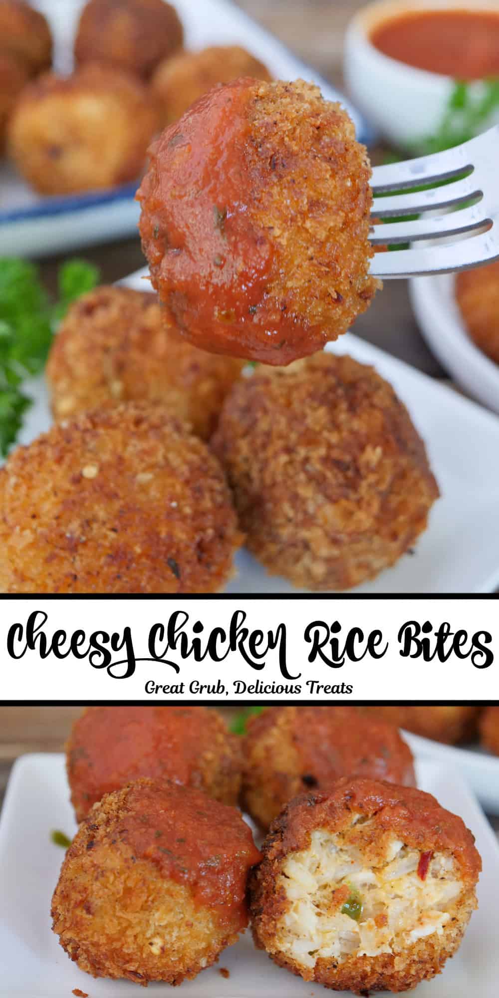 A two panel image collage of deep fried cheesy chicken rice bites, and a title overlay in the center.