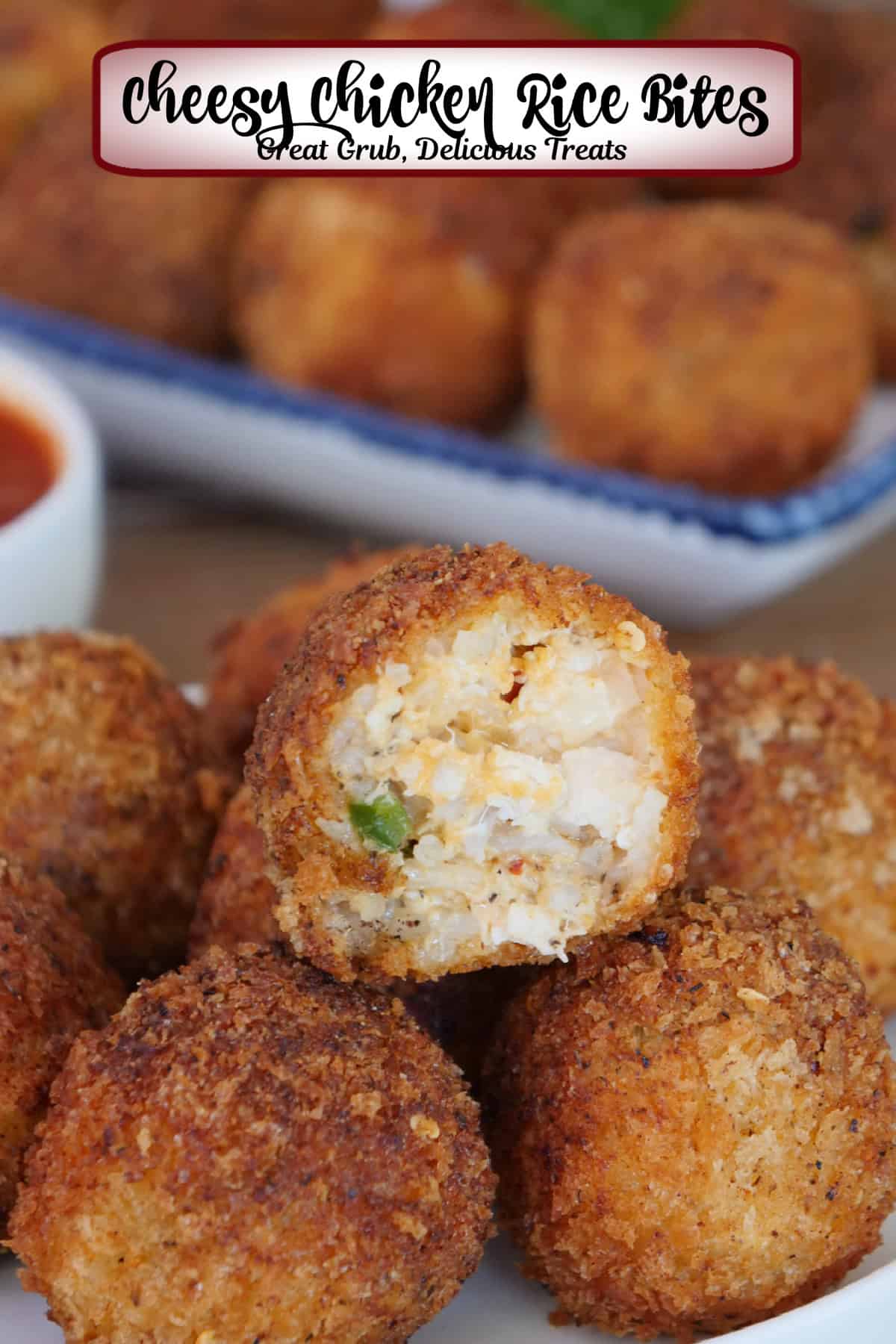 A white plate with a stack of deep fried chicken and rice bites with a bite taken out of the one on top, and a title overlay at the top.