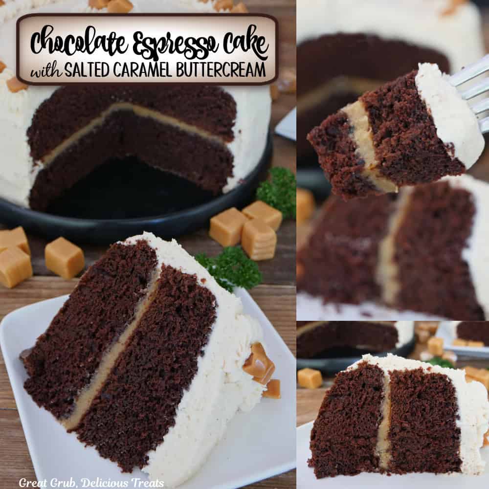 A three panel image collage of a two layer chocolate espresso cake with salted caramel buttercream and a title overlay at the top.