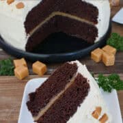 A square white plate with a two layer chocolate espresso cake with salted caramel buttercream, and a title overlay at the top.