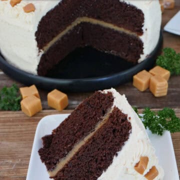 A square white plate with a two layer chocolate espresso cake with salted caramel buttercream, and a title overlay at the top.