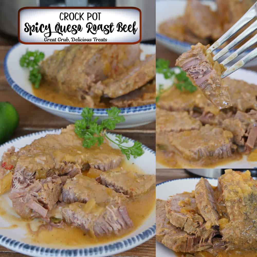 A three panel image collage of crockpot spicy queso roast beef, and a title overlay at the top.
