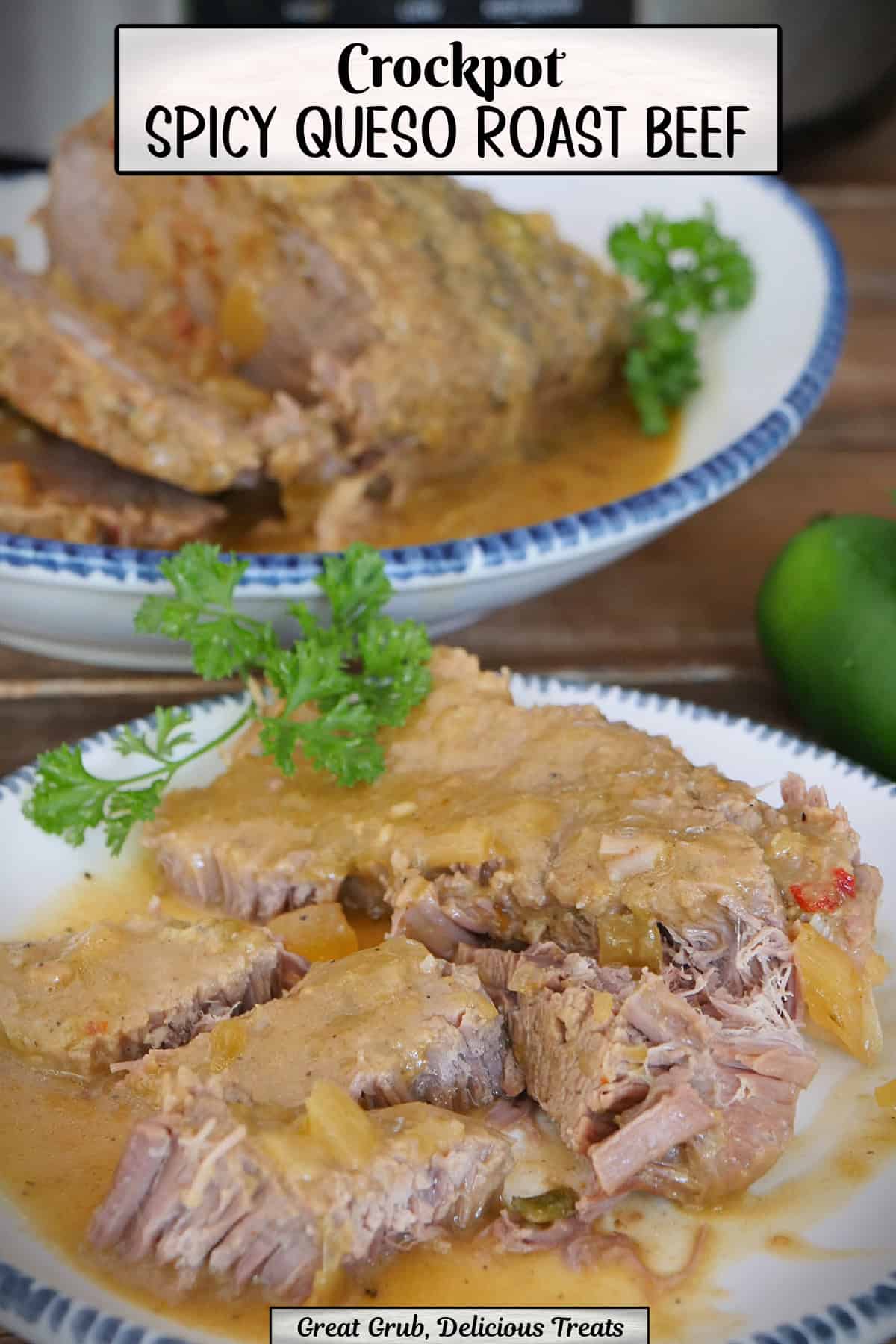 Two what plates with blue trim with crockpot spicy queso roast beef on them, and a title overlay at the top.