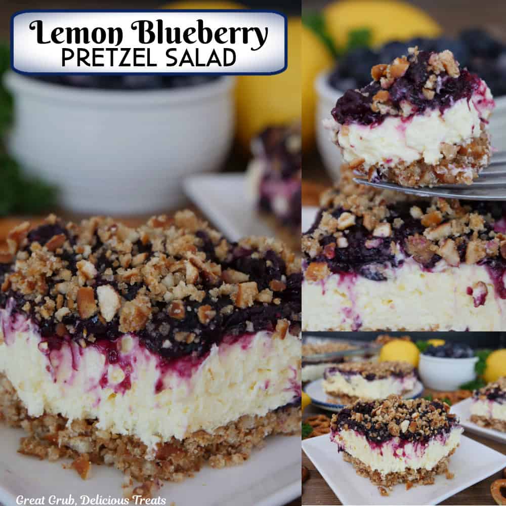 A three image collage of lemon blueberry pretzel salad, and a title overlay at the top.