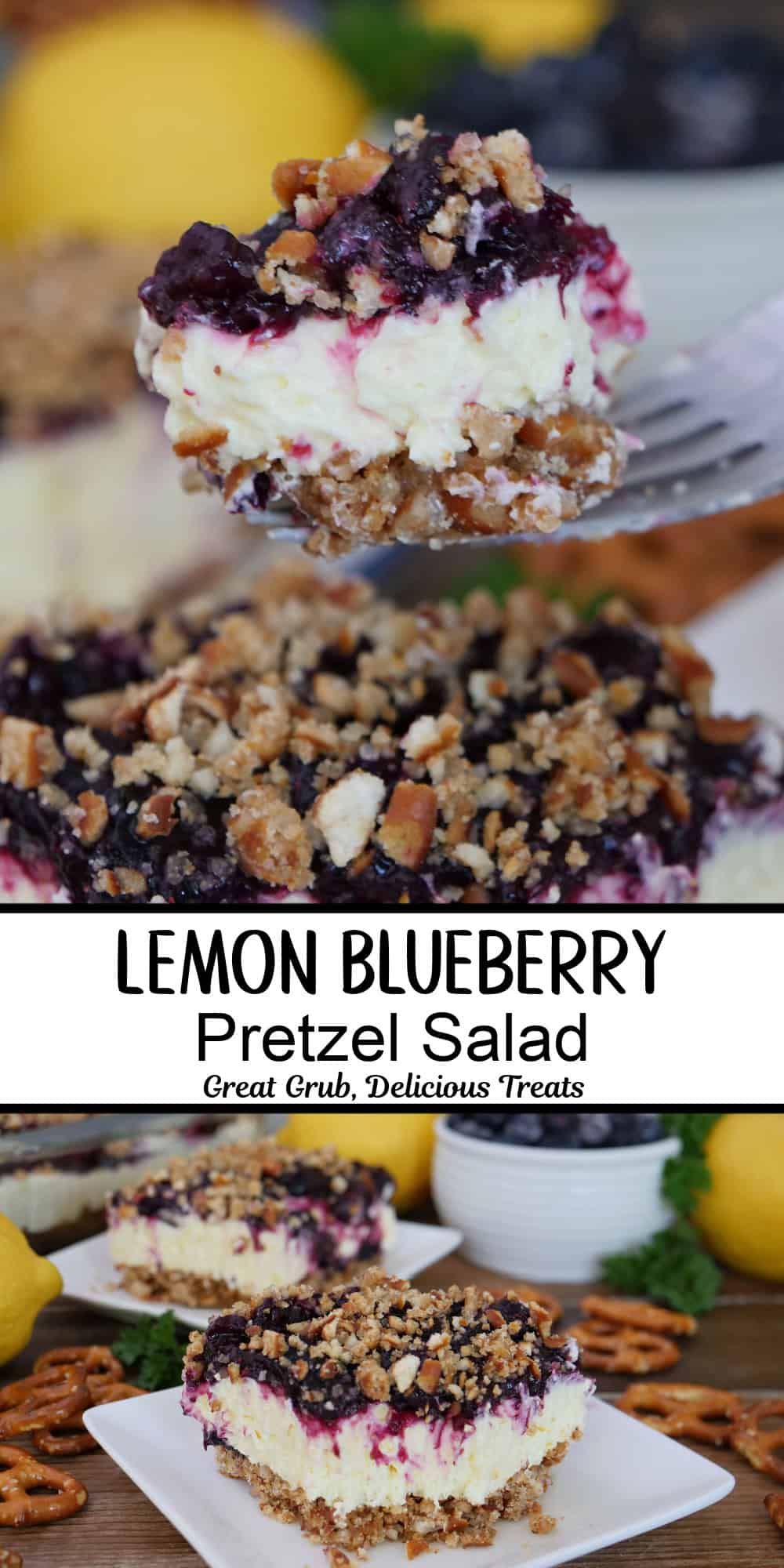 A two image collage of lemon blueberry pretzel salad, with a title overlay in the center.