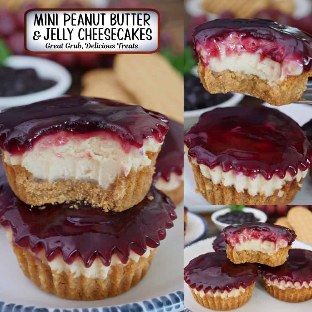 A three panel image collage of mini peanut butter and jelly cheesecakes with a title overlay at the top.