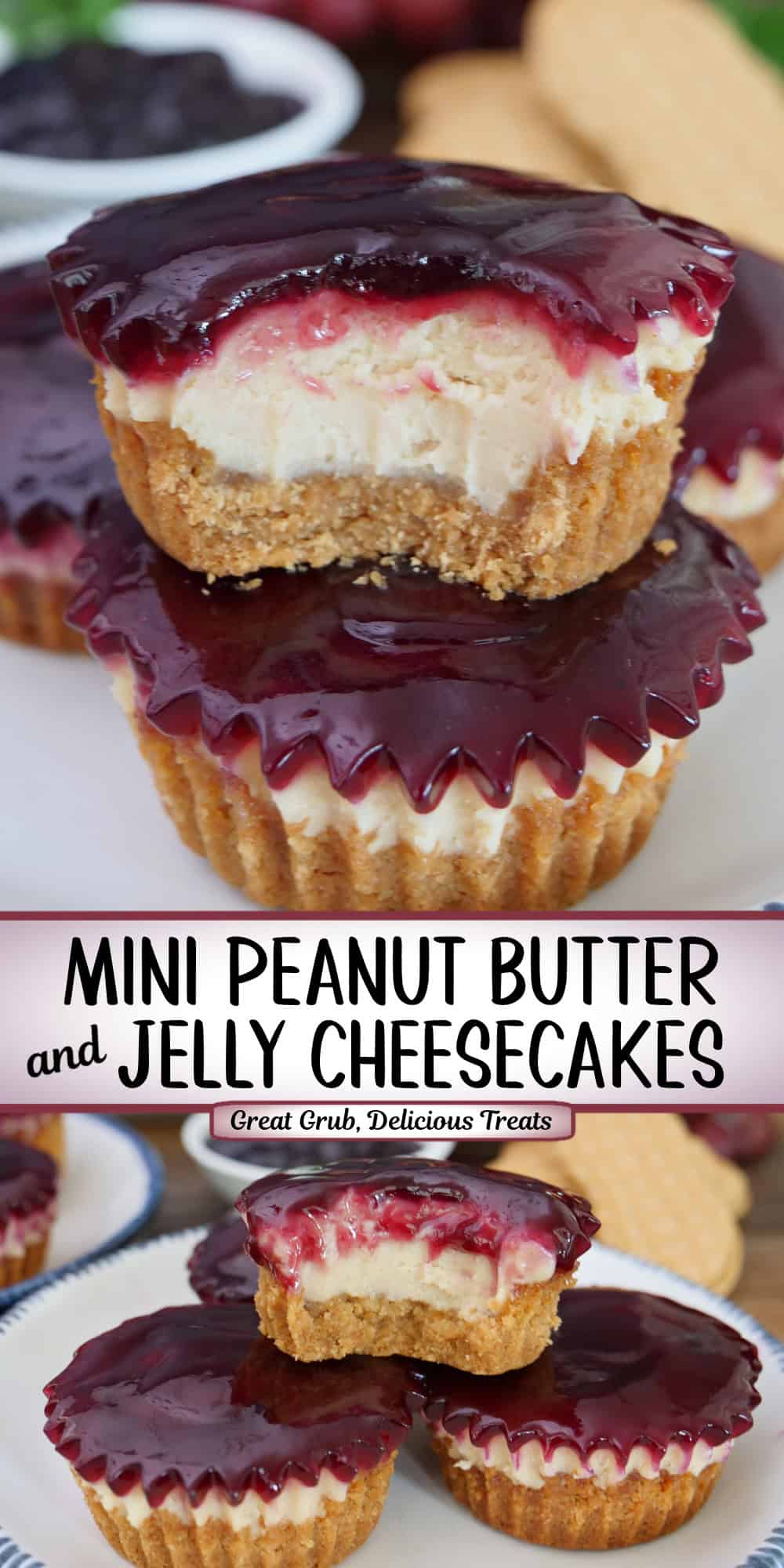 A two panel image collage of mini peanut butter and jelly cheesecakes with a title overlay in the center.