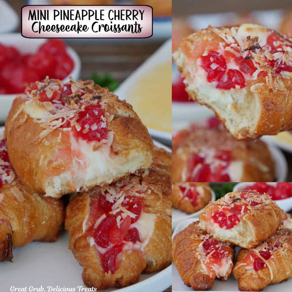 A three panel collage of mini croissants filled with a pineapple cherry cheesecake filling, with a title overlay at the top.
