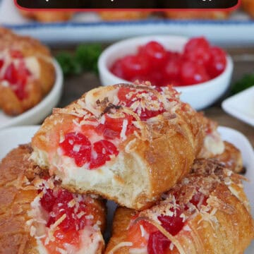 A white plate with three mini croissants filled with a pineapple cherry cheesecake filling, and a title overlay at the top.