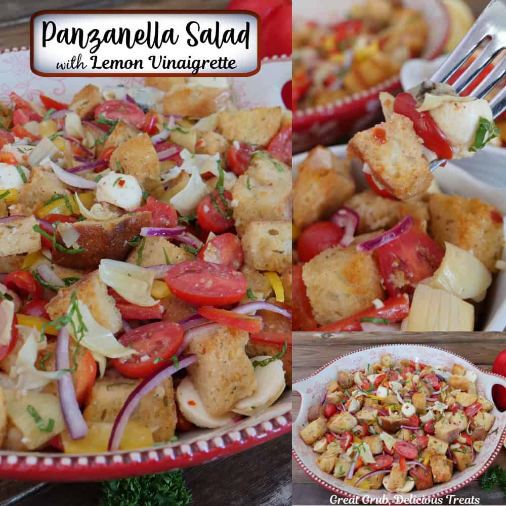 A three panel image collage of panzanella salad in a red and white bowl with a title overlay at the top.