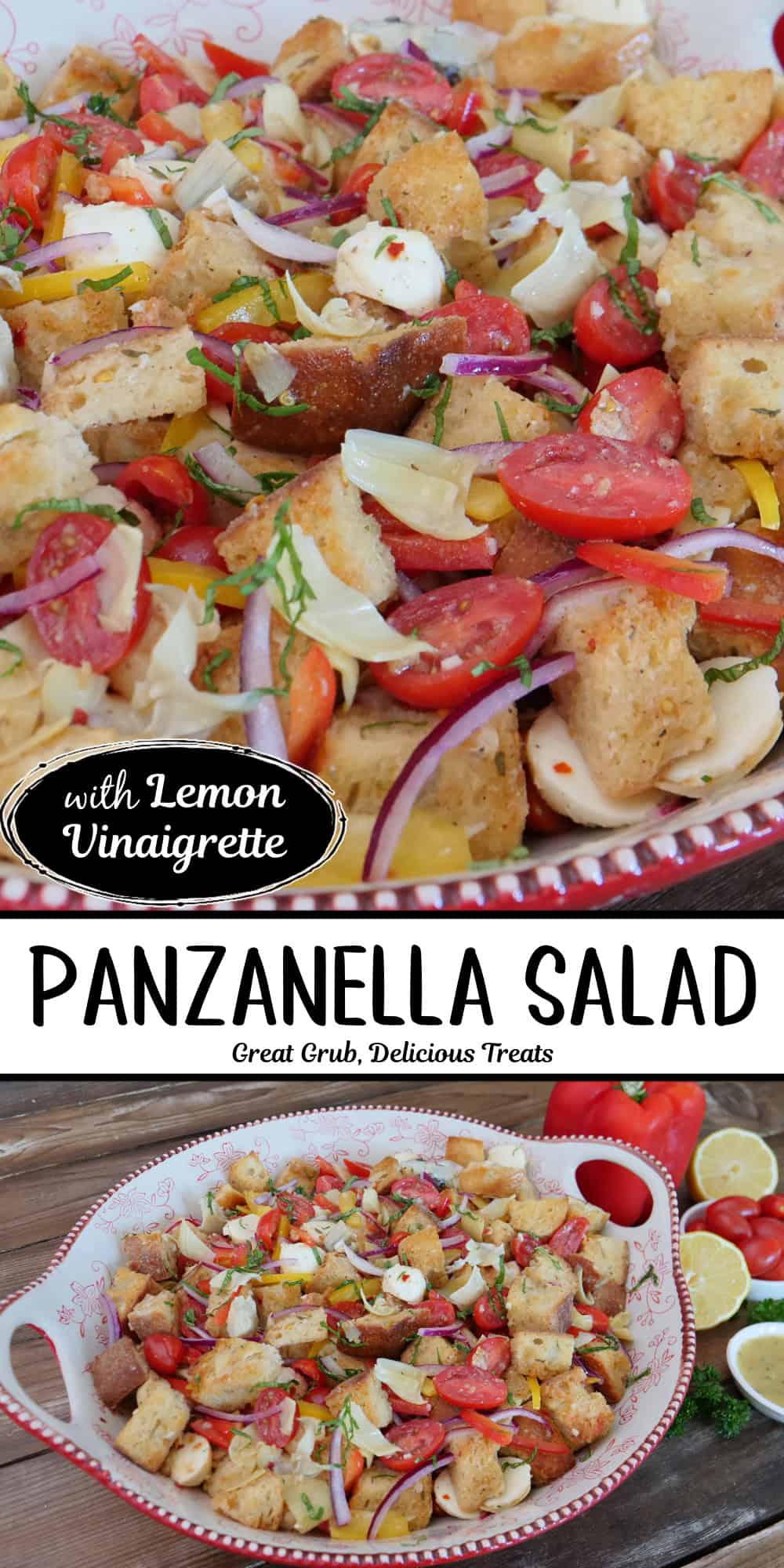 A two panel image collage of panzanella salad in a red bowl on a wood surface and a title overlay in the center.