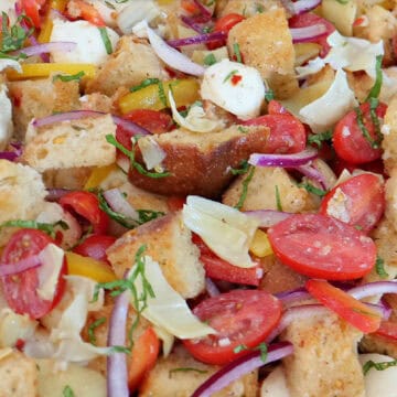 A red and white bowl filled with panzanella salad with a title overlay at the top.