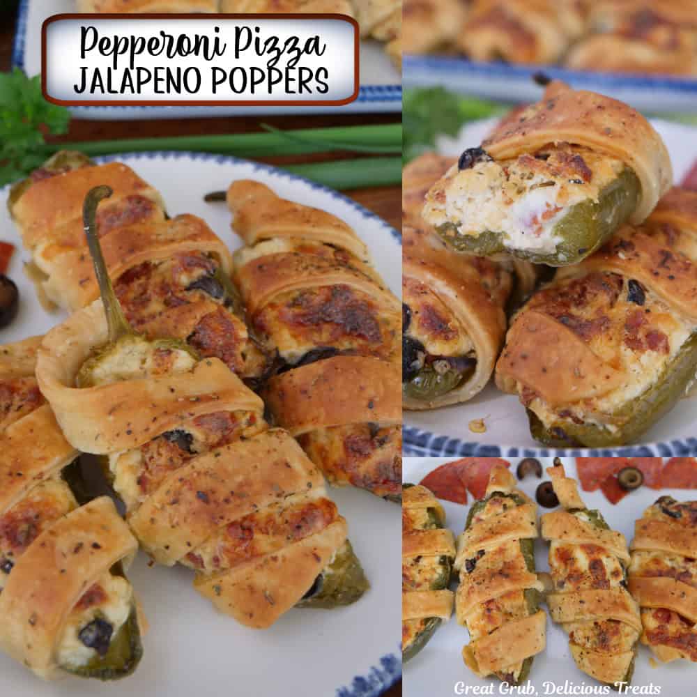 A three panel image collage of pepperoni pizza jalapeno poppers on a white plate with blue trim, and a title overlay at the top.