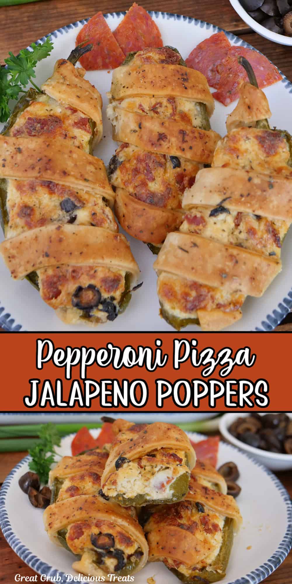 A two panel image collage of pepperoni pizza jalapeno poppers on a white plate with blue trim, and a title overlay in the center.