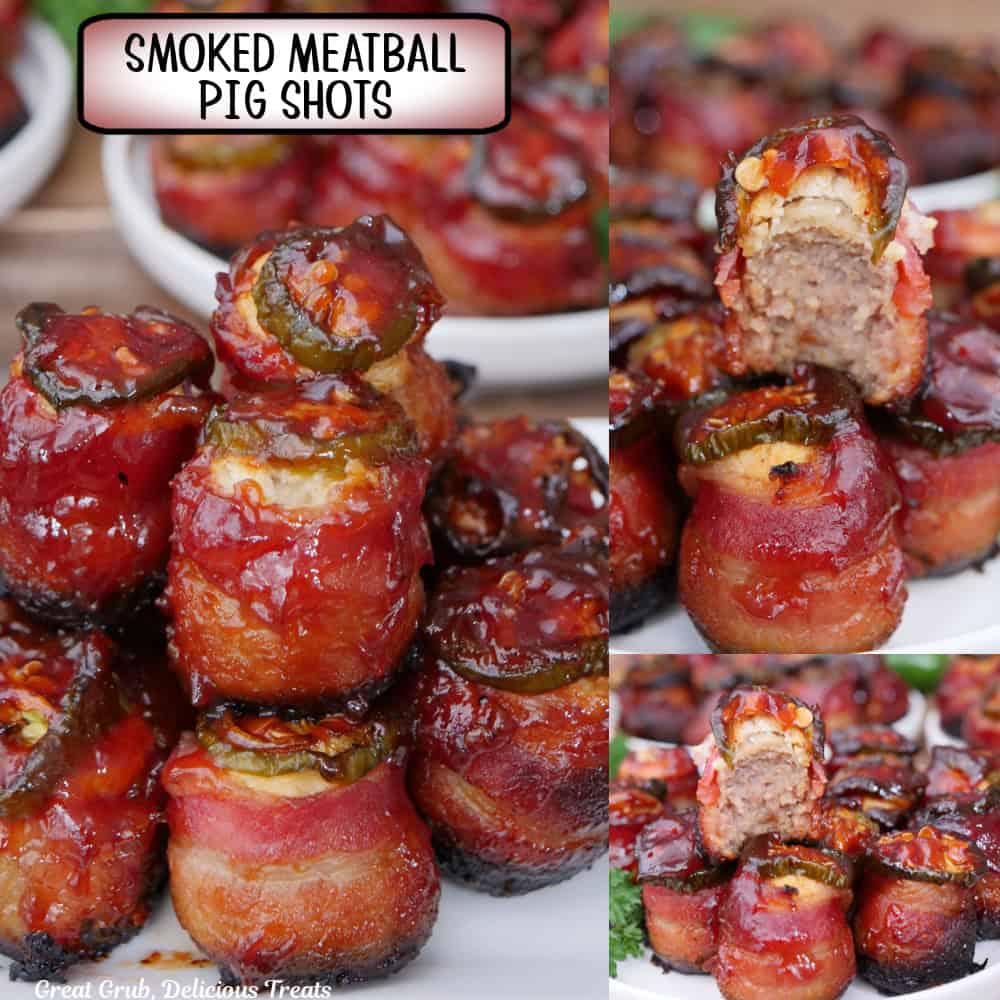 A three panel image collage of smoked meatball pig shots with a title overlay at the top.