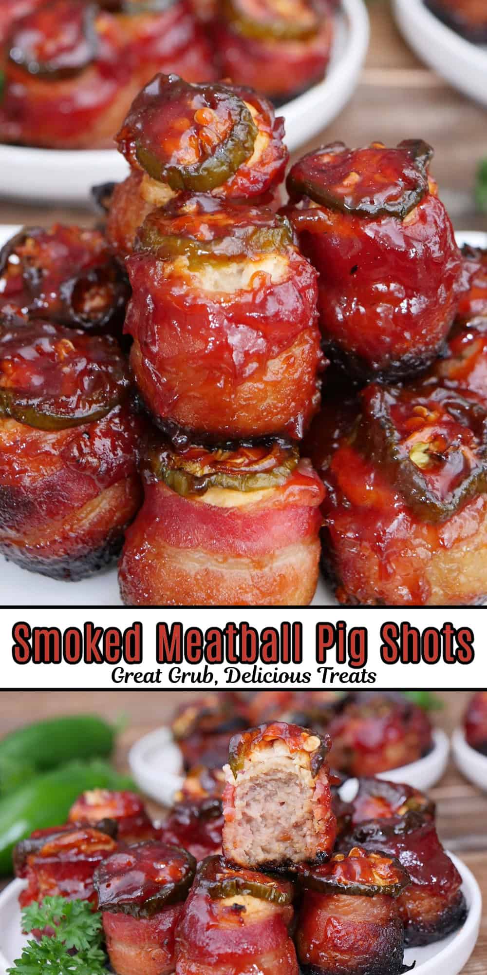 A two panel image collage of smoked meatball pig shots with a title overlay in the center of the two photos.
