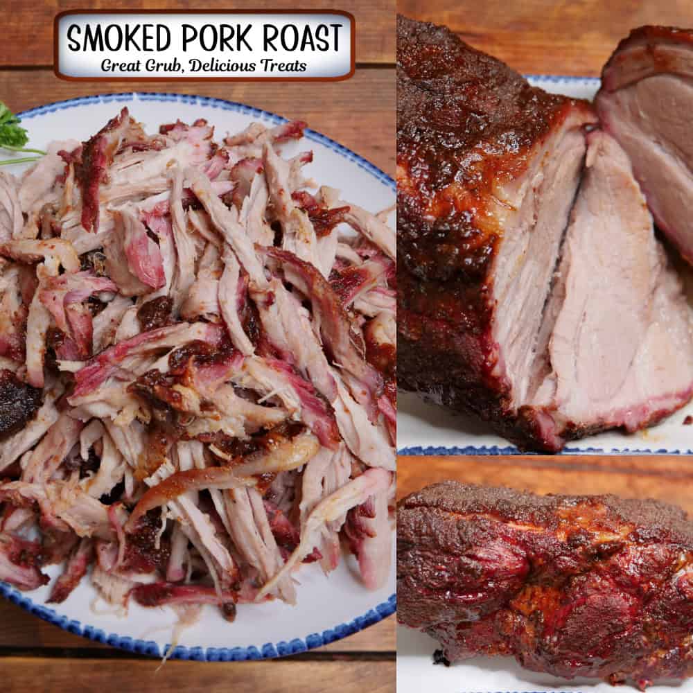 A three panel image collage of smoked pork roast with a title overlay at the top.