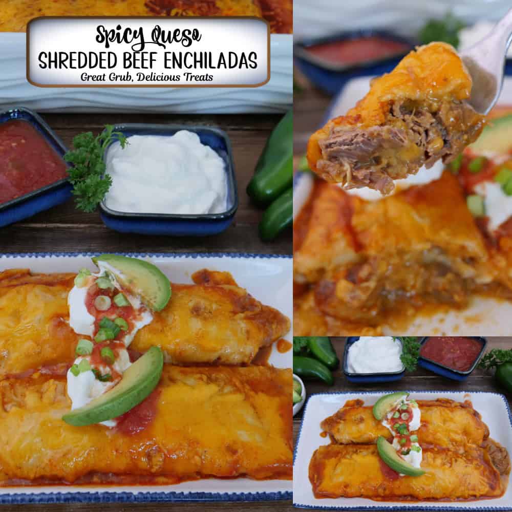 A three panel image collage of spicy queso shredded beef enchiladas with a title overlay at the top.