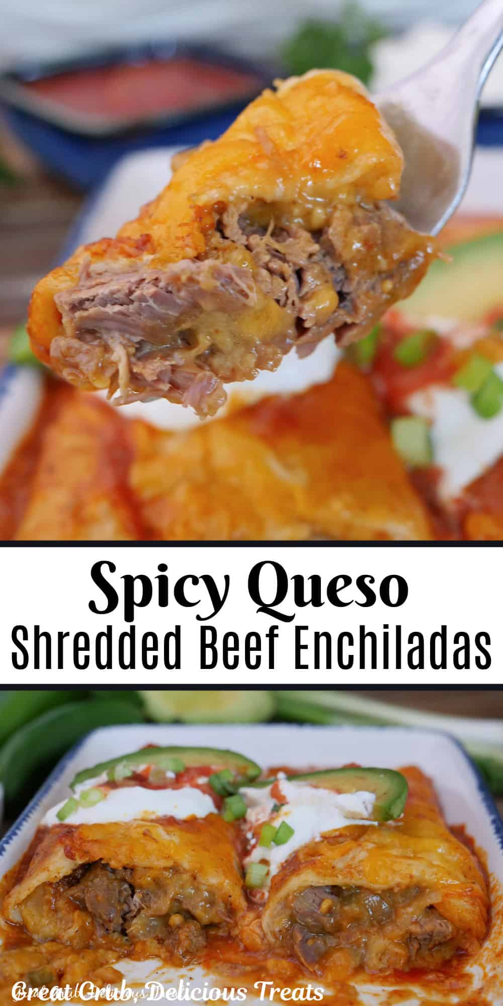 A two panel image collage of a bite of shredded beef enchilada on a fork and two enchiladas on a plate with a title overlay in the center of the two photos.
