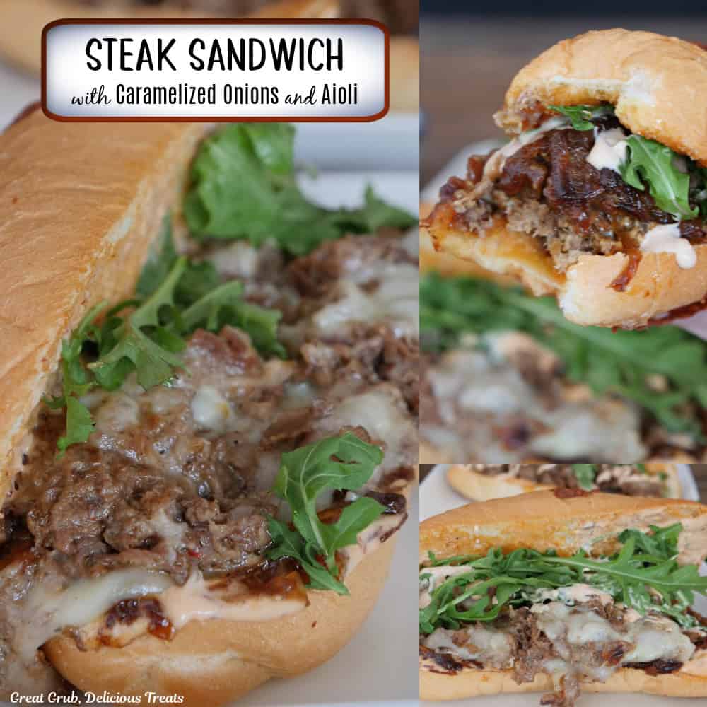 A three panel image collage of a steak sandwich with a title overlay at the top.