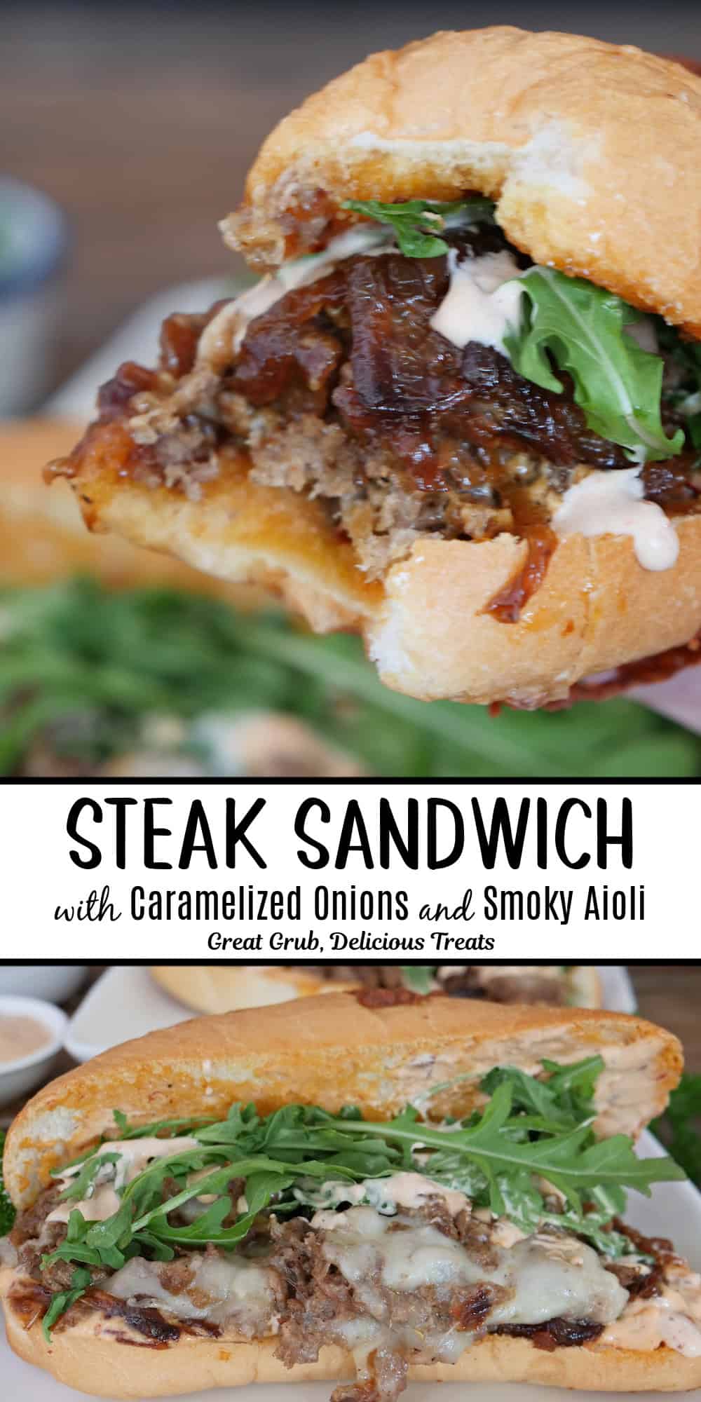 A two panel image collage of a steak sandwich with a title overlay in the center.
