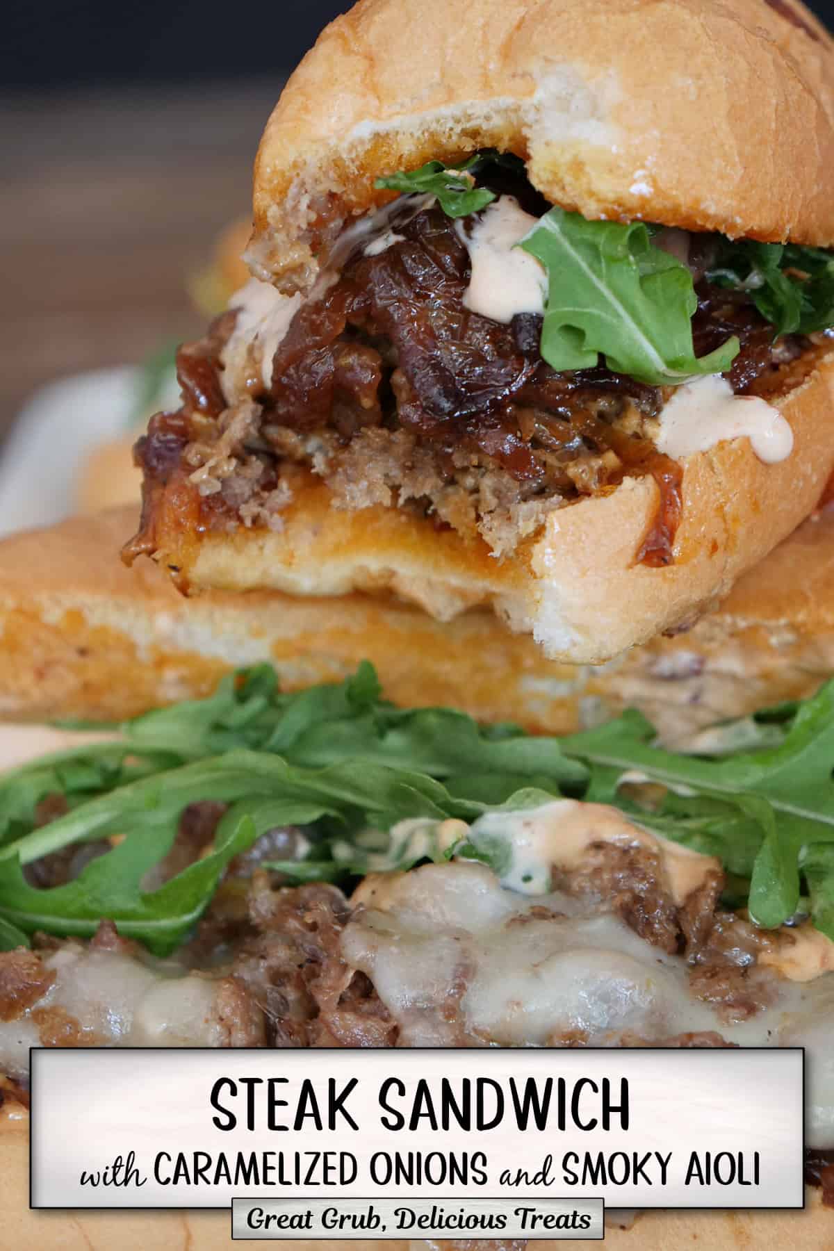 A steak sandwich stacked on top of another steak sandwich, and a title overlay at the bottom