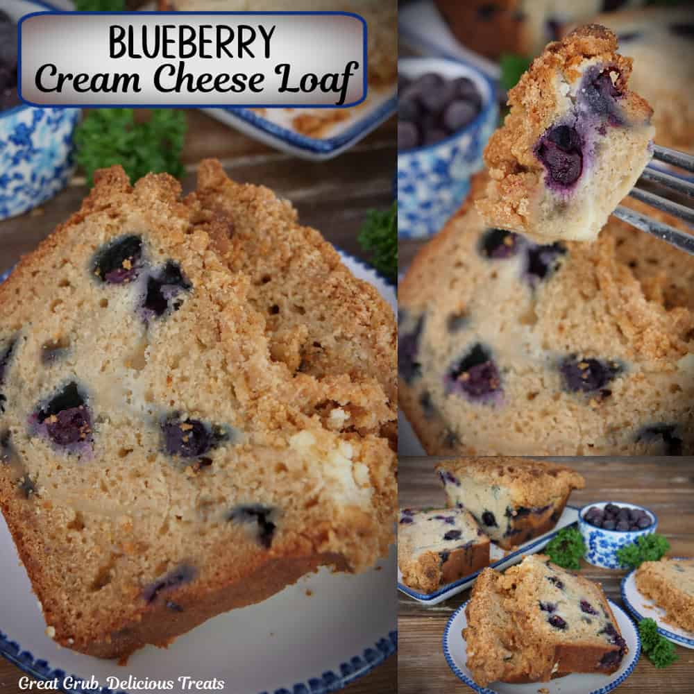 A three panel image collage of blueberry cream cheese loaf with a title overlay at the top.