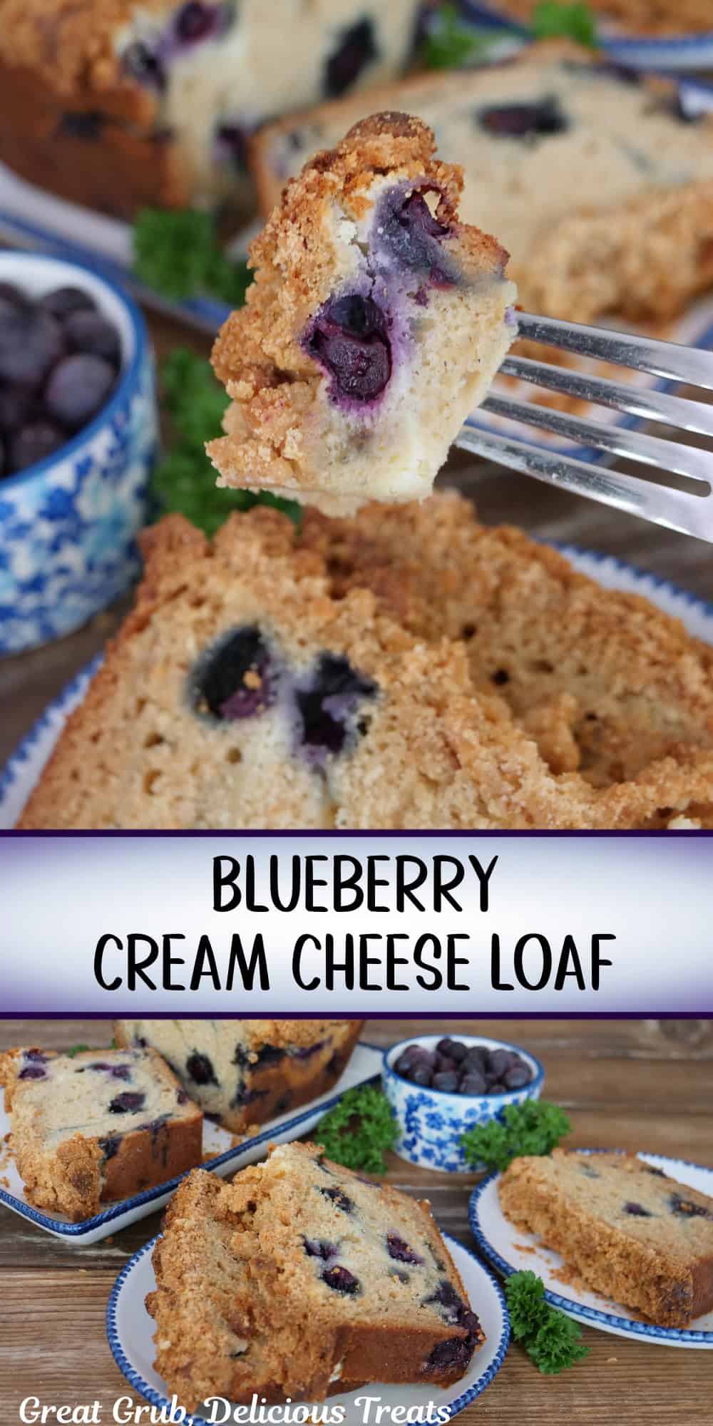 A two panel image collage of blueberry cream cheese loaf with a title overlay in the center.