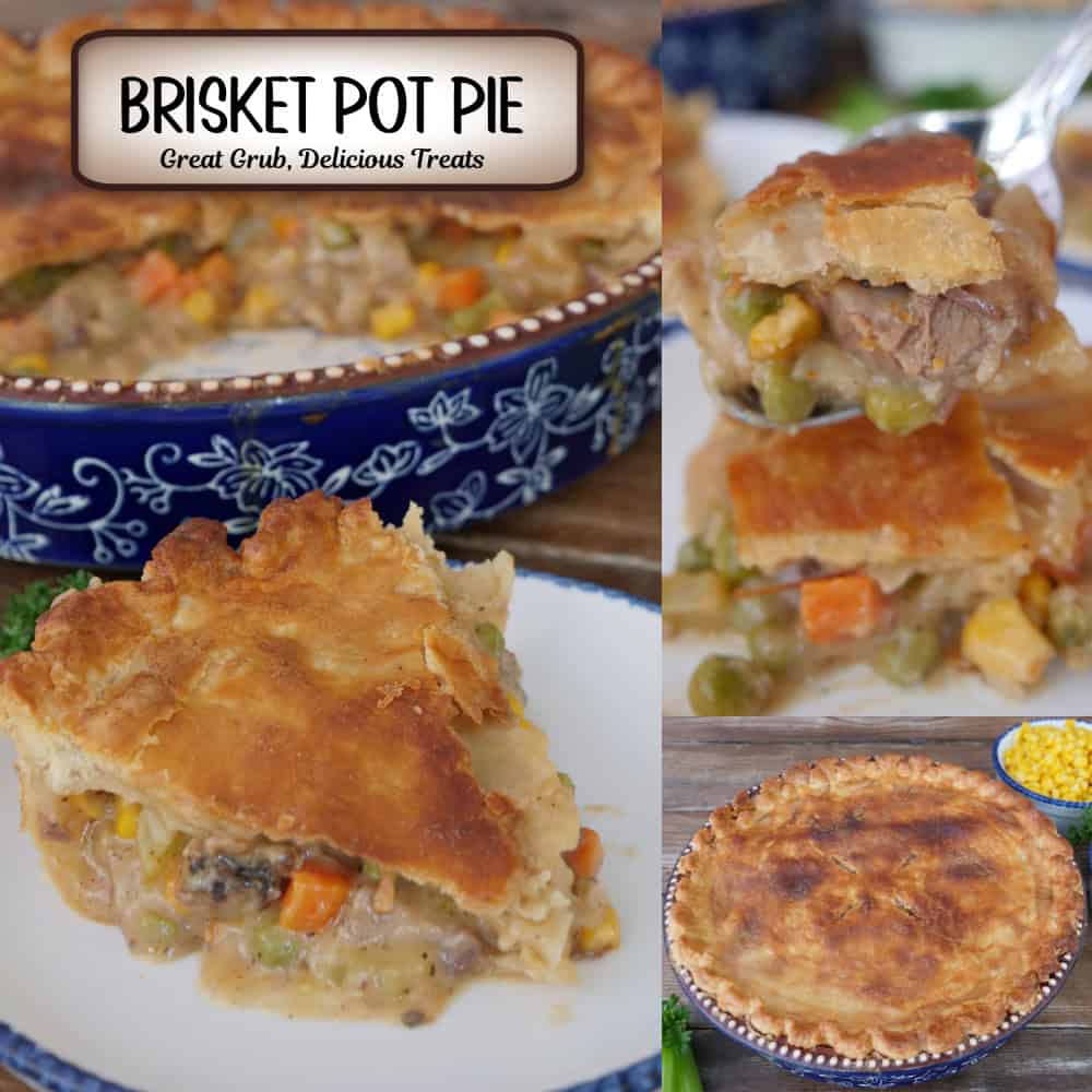 A three panel image collage of brisket pot pie with a title overlay at the top.