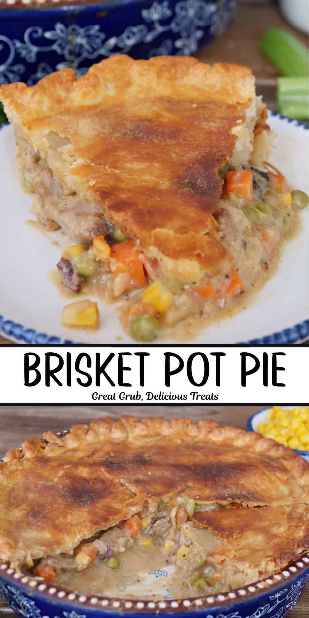 A two panel image collage of brisket pot pie with a title overlay in the center.