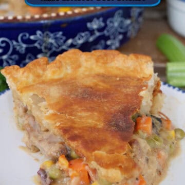 A round white plate with blue trim with a piece of brisket pot pie on it with a title overlay at the top.