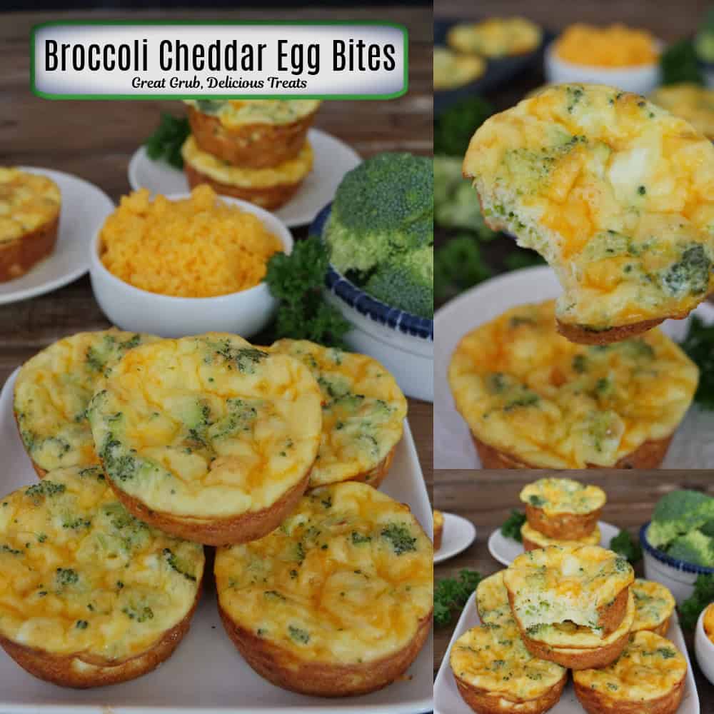 A three panel image collage of broccoli cheddar egg bites with a title overlay at the top.