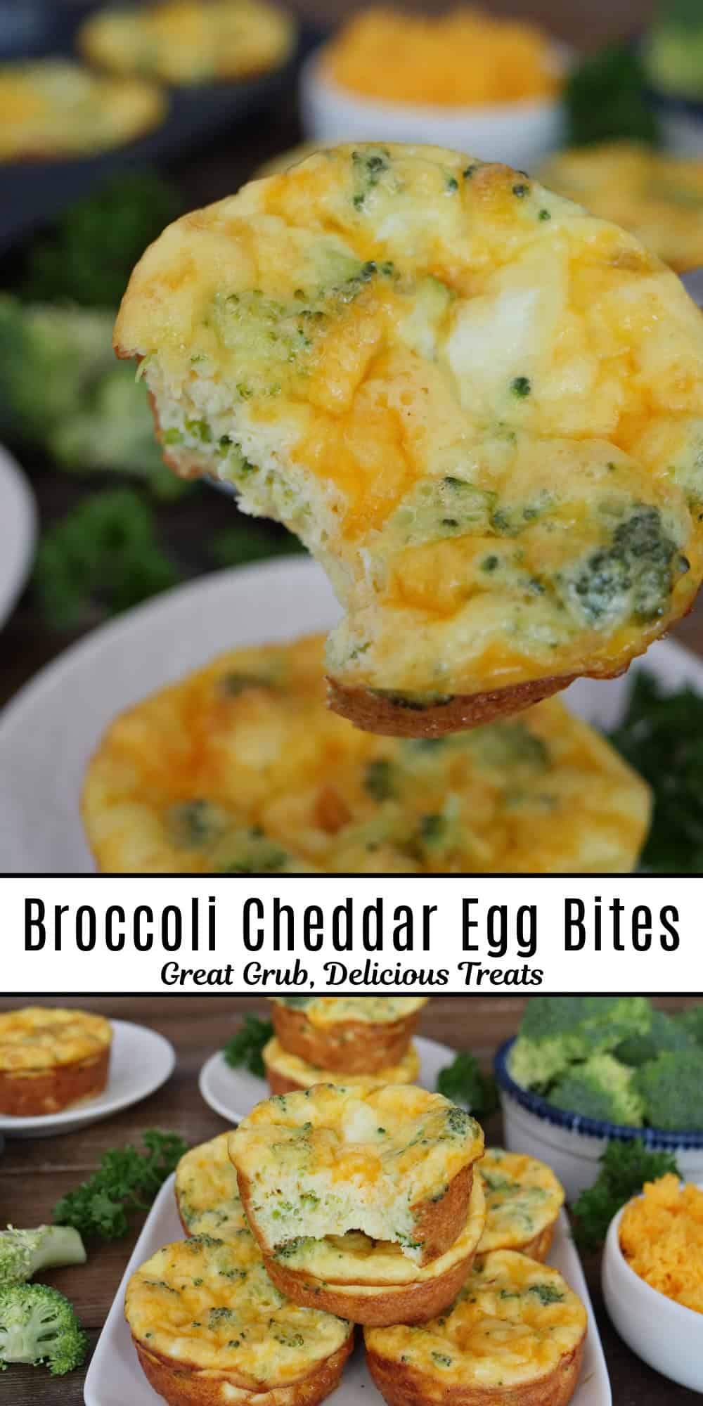 A two panel image collage of broccoli cheddar egg bites with a title overlay in the center.