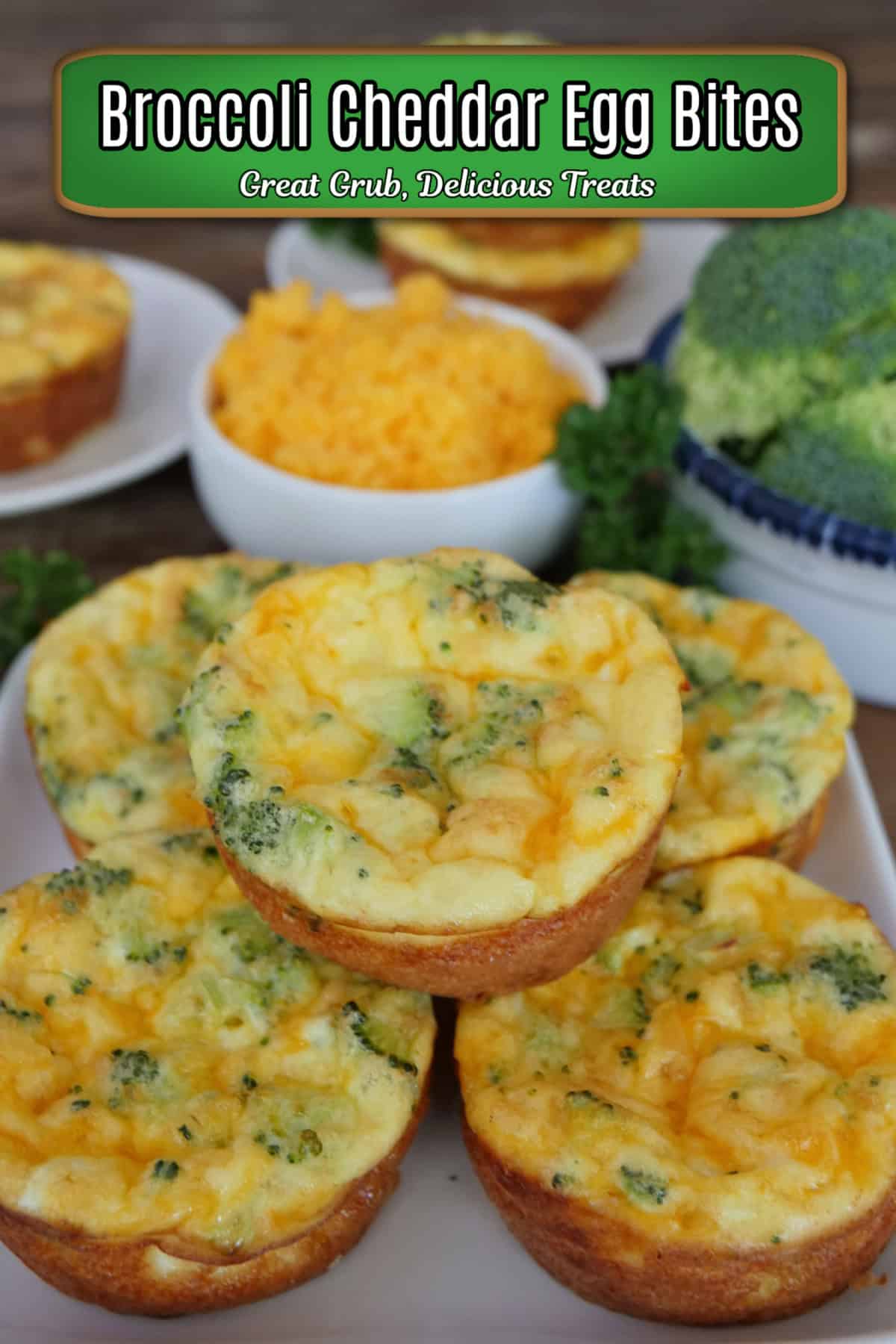A white plate with a stack of five broccoli cheddar egg bites on it with a bite taken out of the one on top, and a title overlay at the top.