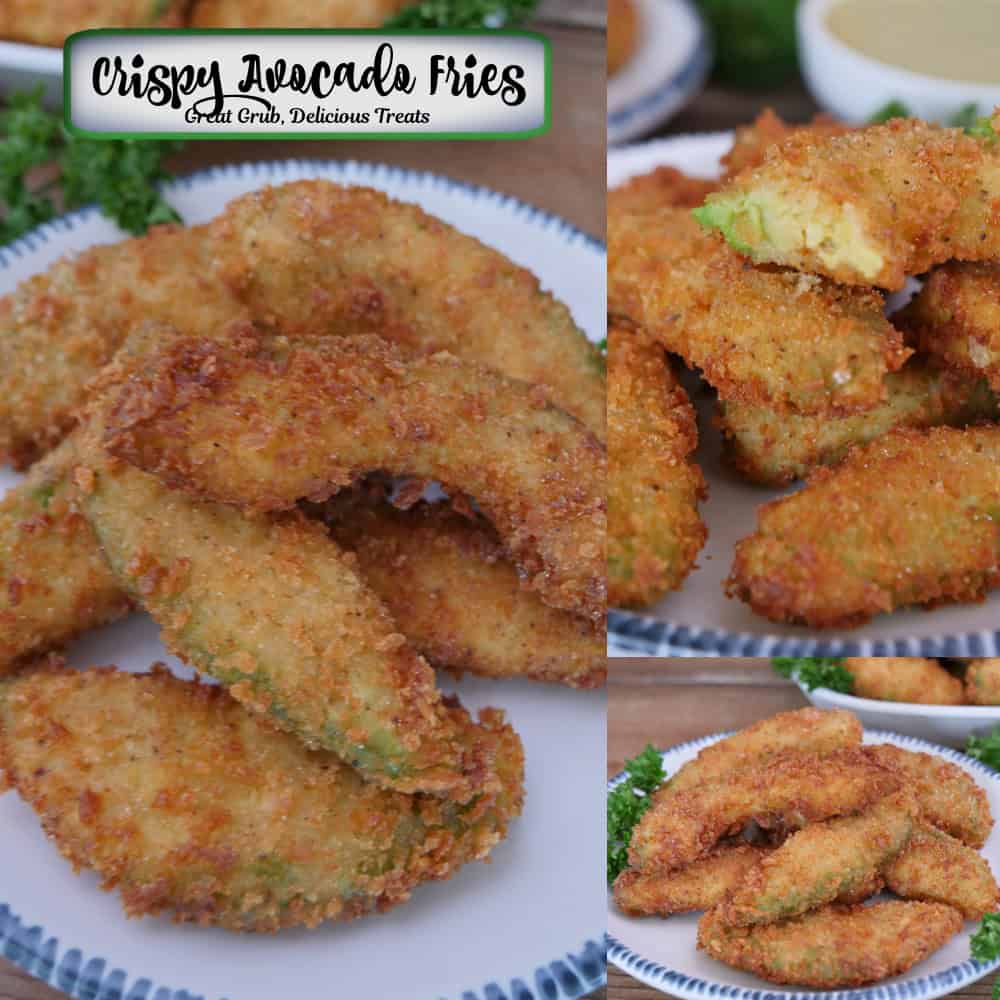 A three panel image collage of crispy avocado fries on a white plate with a title overlay at the top.