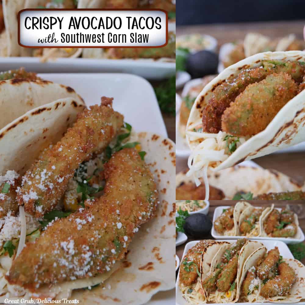 A three panel image collage of crispy avocado tacos with a title overlay at the top.